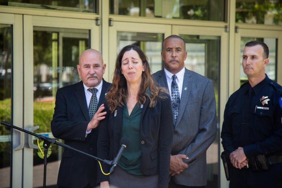 CSUS Career Center Director Melissa Repa talks about Tara O’Sullivan at a press conference in front of Sacramento Hall on Thursday, June 20. O'Sullivan was a Sacramento Police officer and Sac State alumna was killed in the line of duty Wednesday night while responding to a domestic violence call.