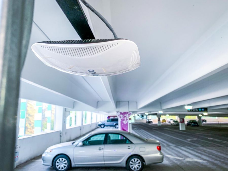 No need to buy a phone for pictures of these WAPs. IRT installed the wireless access points in the corners of Parking Structure V, some of them attached on top of the emergency phones by the staircases and elevators as seen here on Friday, Oct. 2, 2020.