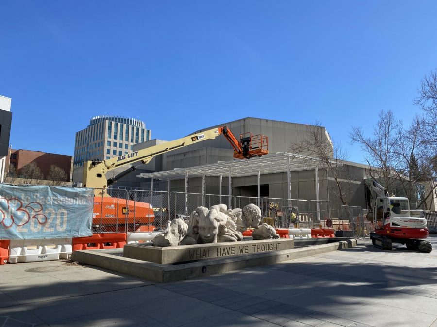 The location of the old entrance to the Community Center Theater on 13th Street now fenced off during its expansion on Saturday, March 6, 2021. The once known Sacramento Community Center Theatre’s transition into the SAFE Credit Union Performing Arts Center is a step towards transforming Sacramento into a larger metropolitan area. 
