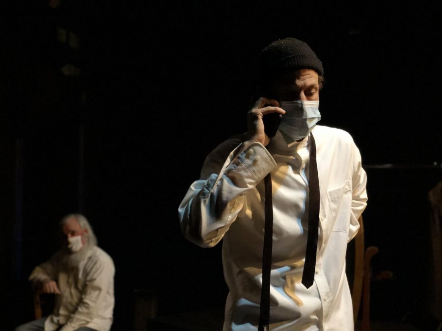 Eason Donner (right) plays John as he struggles to cope with the death of his father figure Amos, played by Gregory Smith (left), in “Gone but Not Forgotten” in rehearsal at Ooley Theatre on Thursday, March 18, 2021. The short, one-act play was written by Scott Charles, a published author based in Sacramento.