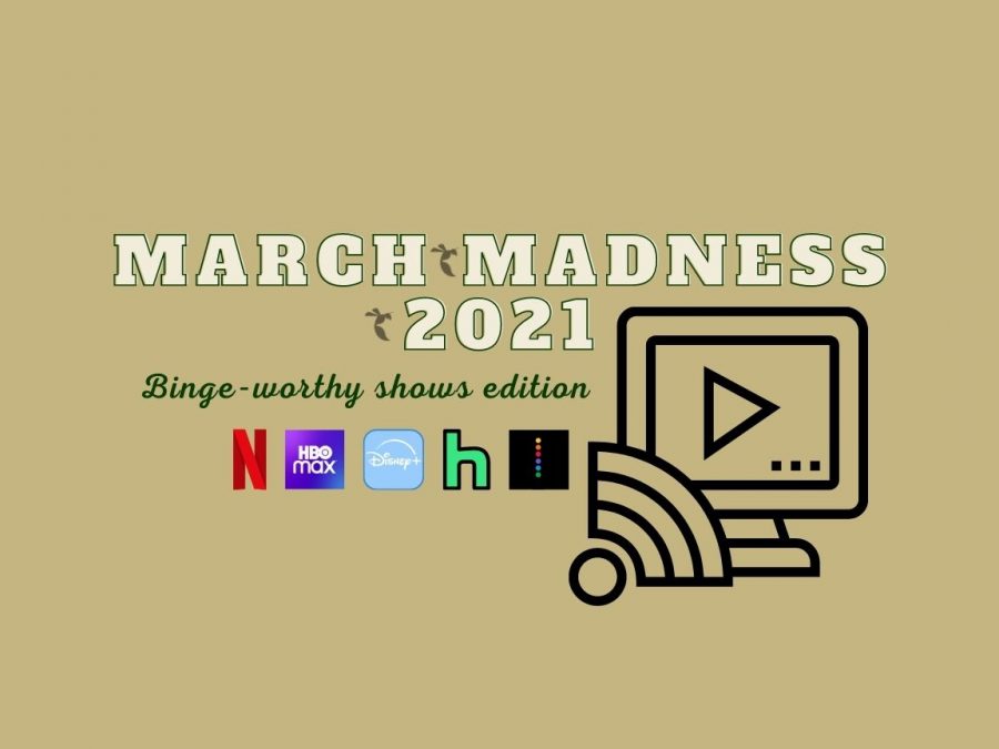 The State Hornet’s 2021 March Madness picks for most binge-worthy TV shows. Categories were made up from streaming services like Netflix, HBO Max, Disney+ and more. Graphic made in Canva.