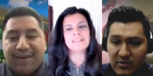  (Left to right) Joel Santiago, Dr. Viridiana Diaz and Noel Mara discuss different Latinx clubs and resources offered at Sacramento State on Wednesday, Sept.15, 2021, for “La Bienvenida.” While the event was held online, Mara expressed joy to be back on campus. 