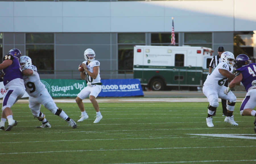 Sac State quarterback Asher O'Hara (10) looks to throw a pass during the home opener against the University of Northern Iowa on Saturday, Sept. 11, 2021. The Hornets lost the game 34-16 after turning the ball over six times.