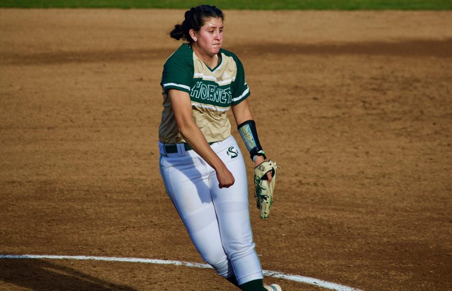 Alyssa Nunez pitching in relief against San Jose State in the NorCal Kickoff at Shea Stadium on Feb. 11, 2022. The Hornets went 1-4 in the UCSD tournament this weekend.
