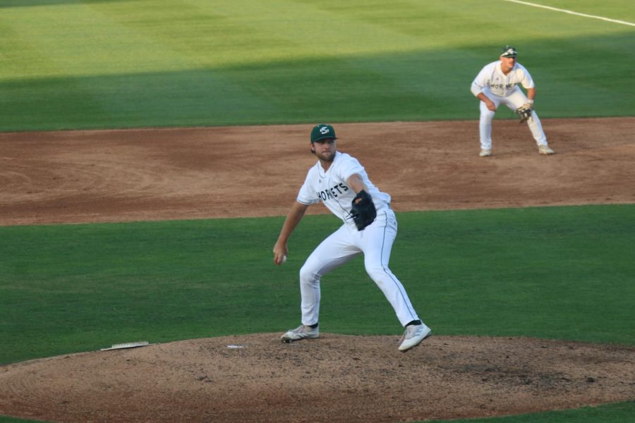  [FILE PHOTO] Sophomore pitcher Eli Saul throws against California Baptist on Friday, April 29, 2022 at John Smith Field. Saul threw his first complete game in a 121-pitch effort in Friday's win over Grand Canyon University.

