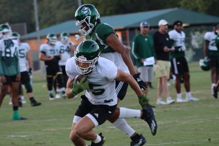 Sophomore Hornet receiver Sawyer Merrill (15) getting upfield after a catch Monday, Aug. 15, 2022, during practice. The Hornets are gunning for their third straight Big Sky title as the season kicks off at Hornet Stadium against Utah Tech University Saturday, Sept. 3 at 6:00 p.m PST.