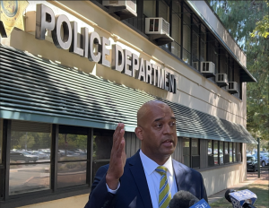 Sacramento State Police Chief Chet Madison Jr. holds a press conference regarding three recent  sexual assaults on Oct. 11, 2022. The incident on Oct. 8 is now the third sexual assault case reported to Sac State PD in the past four weeks, following two incidents on Sept. 23 and Oct. 5. (Photo: Alyssa Branum)  