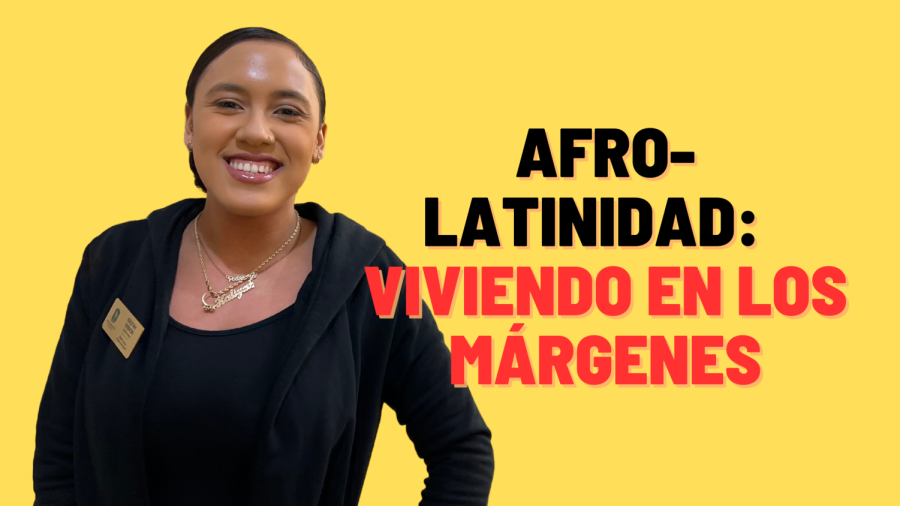 Kaliyah Vernon, estudiante de estudios étnicos y mujeres y de género, posa dentro del centro Serna el Lunes, febrero 28, 2023. Vernon habla de su experiencia siendo Afro-Latina. Foto de Vernon tomada por Itzel Espinoza. Gráfico creado en Canva por Mercy Sosa.