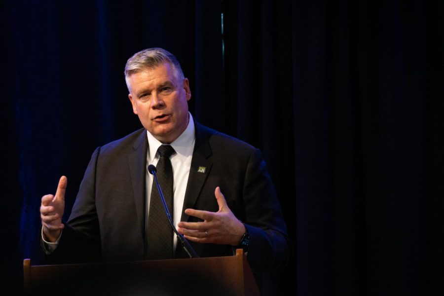 Ed Mills, the Vice President of Student Affairs, speaking at the reopening of the Martin Luther King Center in the Alumni Center on Tuesday Feb. 28, 2023. Mills announced his departure from Sacramento State on April 24, 2023. (Photo by Cristian Gonzalez) 