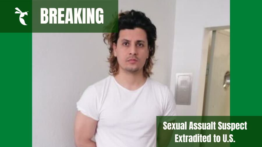 Nida Muhummad Nyazi, 32, following his arrest in Germany, Thursday, Feb. 23, 2023. The FBI announced in a press release on Tuesday, May 30, 2023, that Niazy had been returned to the U.S. to stand trial for alleged sexual assaults (Photo provided by Sacramento Sherriff’s Department; graphic made on Canva by Jacob Peterson)