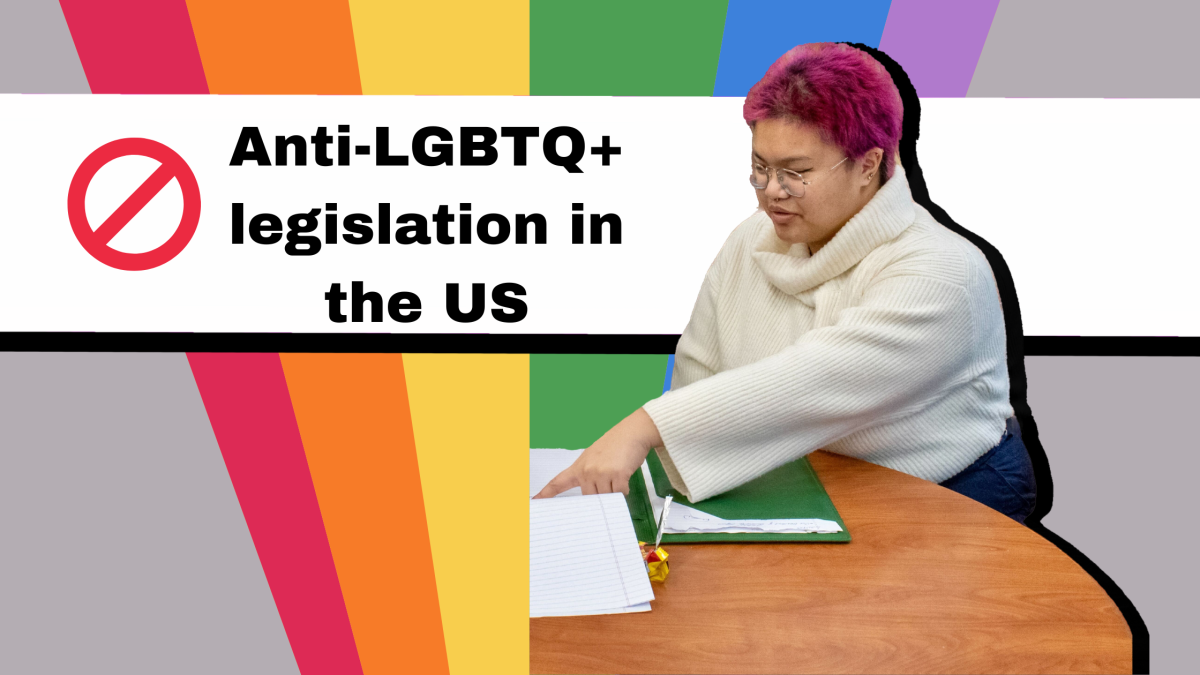 The political climate drives LGBTQ+ students such as senior international relations major and co-President of the Lavender Alliance Emilie Jocson, to help organize student groups to push back against anti-LGBTQ+ rhetoric on campus. Student organizations such as the Lavender Alliance have committed themselves to helping students connect with their peers. (Photo by Brionna Woody. Graphic created in Canva by Mia Huss)