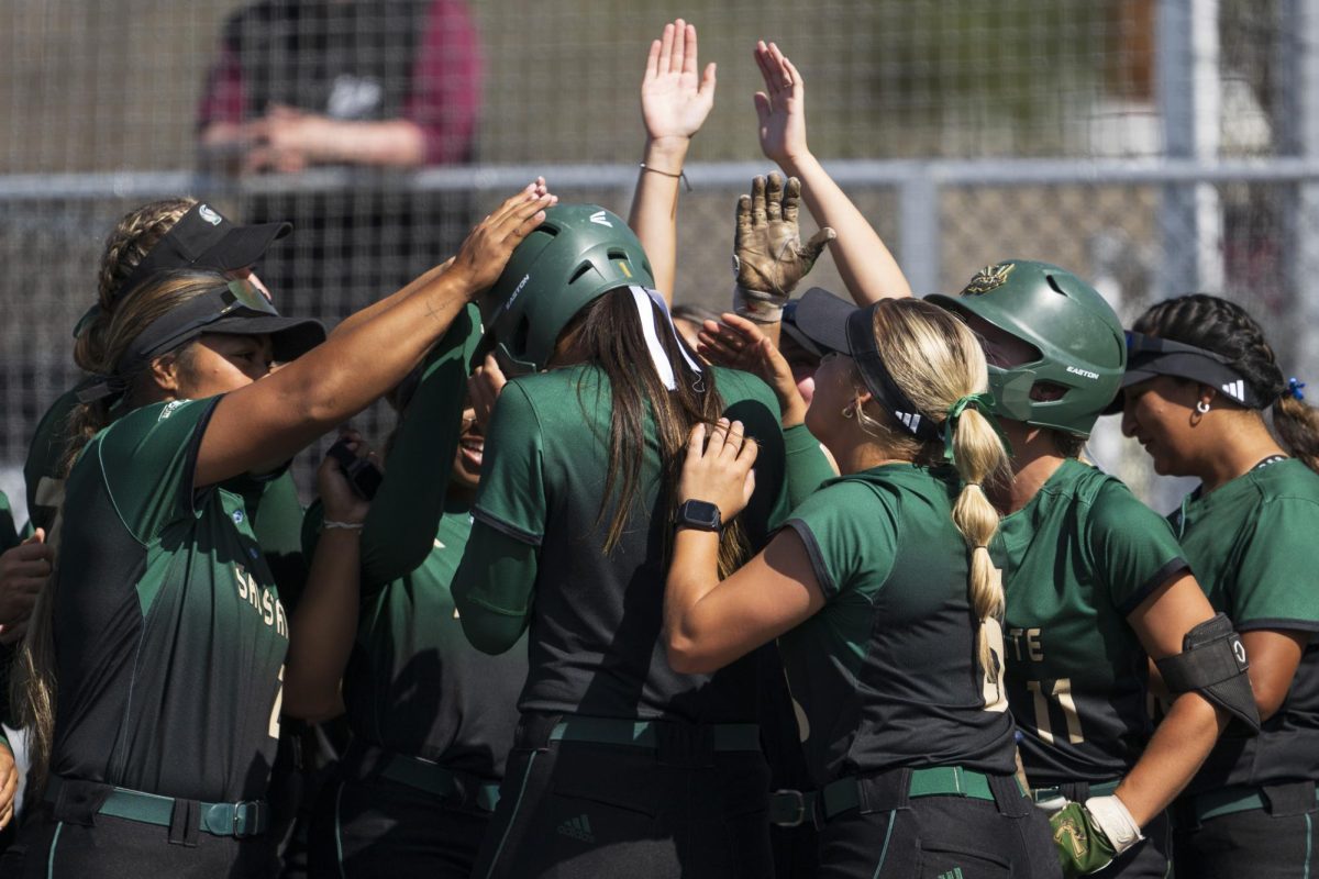 The Hornets celebrate one of their 26 runs Friday, April 25, 2025. Sac State added 38 runs total in its weekend sweep of Montana. 